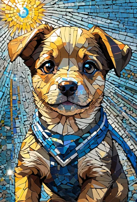 Portrait of puppy adventurer ,radiation mosaic:1.2, catch the sun:0.8, Like shards of glass that infuse warmth and energy into the space:0.4 Flash and Dance.