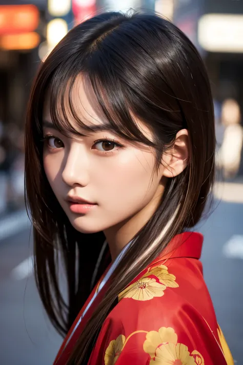 Beautiful Japanese supermodel woman, A lock of hair with slight highlights, black eyes, Sexy，street background，Gorgeous kimono , Liquid color flows across her face, Shooting against the light，Perfect facial lighting，mixed media