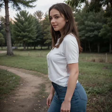 (best quality:1.5, UHD, 4K, detailed lighting, shaders, HDR, very  realistic), 25 years old,european (long brown hair), hazel eyes, in a forest , innocent, (freckles :0.6), intricate details, very detailed, high resolution, very realistic, brunette wavy lo...