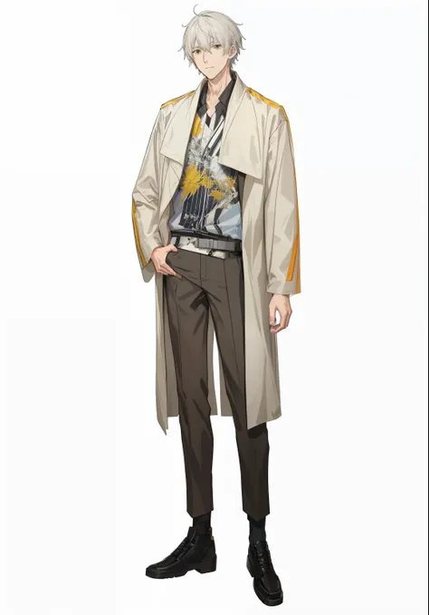 Anime character wearing windbreaker and pants, professor&#39;s clothes, full body picture, ((wearing a robe)), ( ( character concept art ) ), He is wearing a trench coat, Single character full body, ( ( wearing a long coat ) ), full body portrait, human ma...