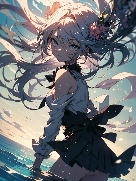 NSFW,((masterpiece)),(((highest quality))),((Super detailed)),((((Anime-like)))),((messy hair)),((frills)),(1 girl),(alone),smile、sex from behind, (((butt focus))),,lipstick,dynamic angle,big sleeves,floating,beautiful detailed sky,beautiful fine water,det...