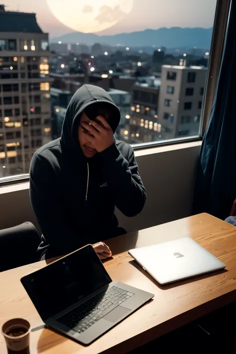 "A 25-year-old man sits on his bed, laptop resting on his knees. Hes dressed in a hoodie with the hood pulled up and black pants. The laptop screen displays stock market charts. Its midnight, and the room is dimly lit, with the city lights visible through ...