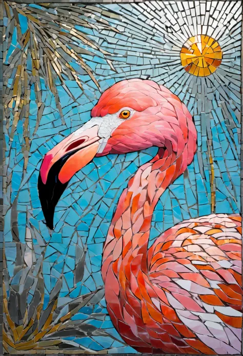 Portrait of flamingo adventurer ,radiation mosaic:1.2, catch the sun:0.8, Like shards of glass that infuse warmth and energy into the space:0.4 Flash and Dance.