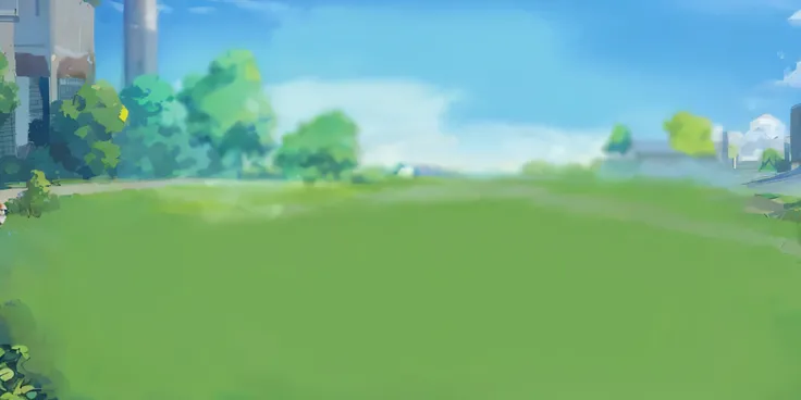 Anime style city image，There are green fields and blue sky, some background blur, Distant village background, park background, videoGame background, background art, Game background, breeze background, field background, background artwork, downtown backgrou...