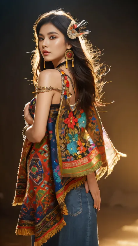 Native American beauty posing in a dance pose, Luxury leather poncho with intricate embroidery, flowing tulle, feather hair ornament, war bonnet, tattoo, brown skin, Indian Jewelry, native american pattern, A long and colorful transparent belt on the arm, ...