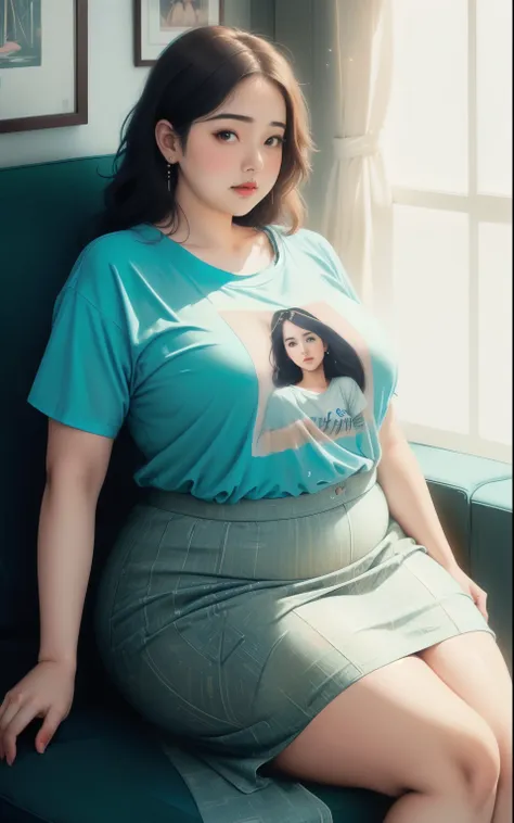 obese voluptuous handicapped women wearing t-shirts getting a medical examination on a sofa, detailed body parts illustration pa...