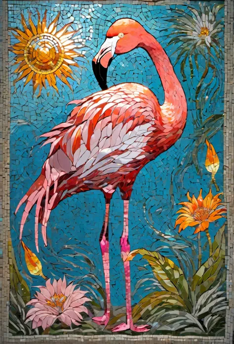 Portrait of flamingo and flower adventurer ,radiation mosaic:1.2, catch the sun:0.8, Like shards of glass that infuse warmth and energy into the space:0.4 Flash and Dance.