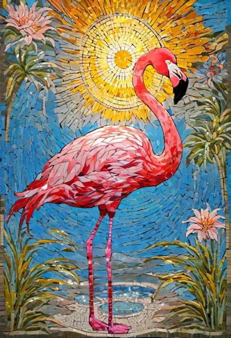 Portrait of flamingo and flower adventurer ,radiation mosaic:1.2, catch the sun:0.8, Like shards of glass that infuse warmth and energy into the space:0.4 Flash and Dance.