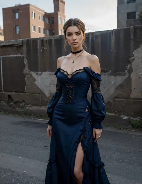 Here are some further descriptions encapsulating the merging of classic elegance with modern resilience:
The Azure Époque Echo: Seen against the edgy backdrop of a graffiti-splattered brick wall, the models sky-blue lace dress captures the viewers eye. The...