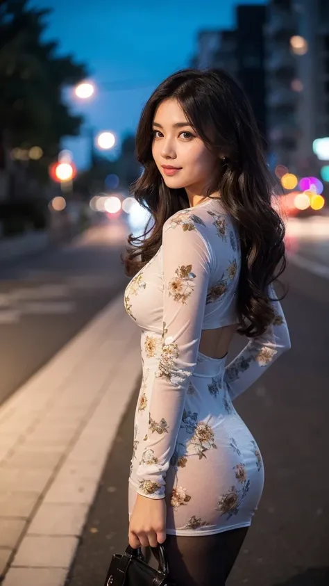 realistic, RAW photo, dslr, film grain, Fujifilm XT3, night shot, 1girl, goddess women,curly hair,  long hair, silver hair,thigh, ([:see-through:4]:1.2)  black dress, (floral print:1.2),black pantyhose,(deserted street), Backlit ,Bokeh ,Contrast Filters,(s...