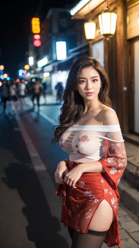 realistic, RAW photo, dslr, film grain, Fujifilm XT3, night shot, 1girl, goddess women,  (curly hair, long hair), (thigh,off shoulder:1.2), ([:see-through:4]:1.4) (red floral print hanfu:1.1), pencil skirt, black pantyhose, (deserted street:1.3), Backlit, ...