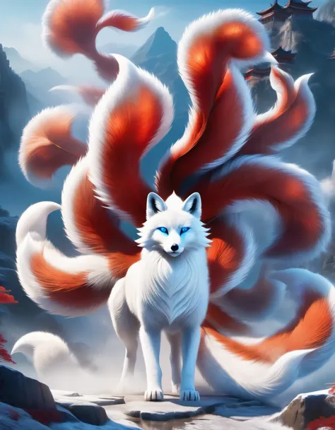 scene design, role conception, 3d rendering, realistic fur,
in ancient chinese mythology, a white fox with blue eyes. it has nin...