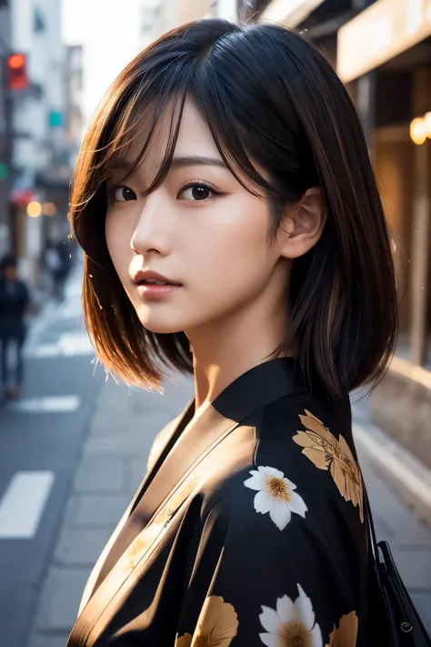 Beautiful Japanese supermodel woman, A lock of hair with slight highlights, black eyes, Sexy，street background，Gorgeous kimono , Liquid color flows across her face, Shooting against the light，Perfect facial lighting，mixed media