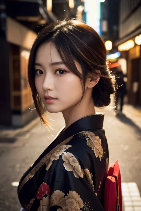 Beautiful Japanese supermodel woman, A lock of hair with slight highlights, black eyes, Sexy，street background，Gorgeous kimono , Liquid color flows across her face, Shooting against the light，Perfect facial lighting，mixed media