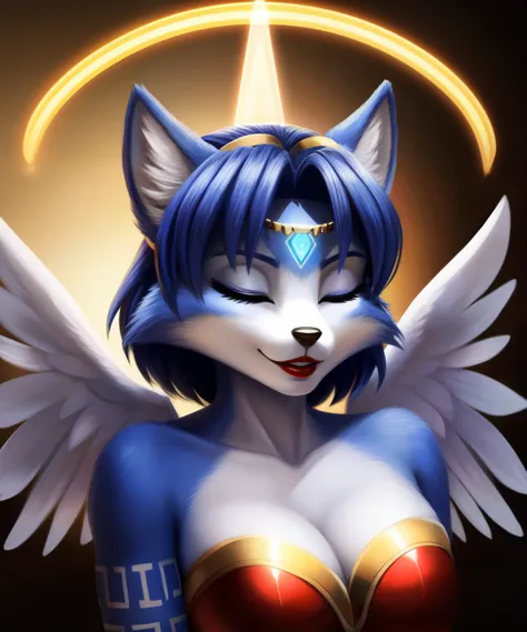 Krystal from Starfox as an guardian angel, halo, white soft wings, red shiny lipstick, closing her eyes, listening to her heartbeat, her hands are in her heart