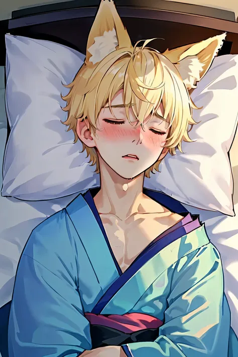 1boy(8-year-old、blonde、short hair、fox ears、Close ~ eyes、blush、orgasm、humid、blue kimono、clavicle)、Lie、sleep、Fainting、bed、Japanese style room、upper body focus、gay