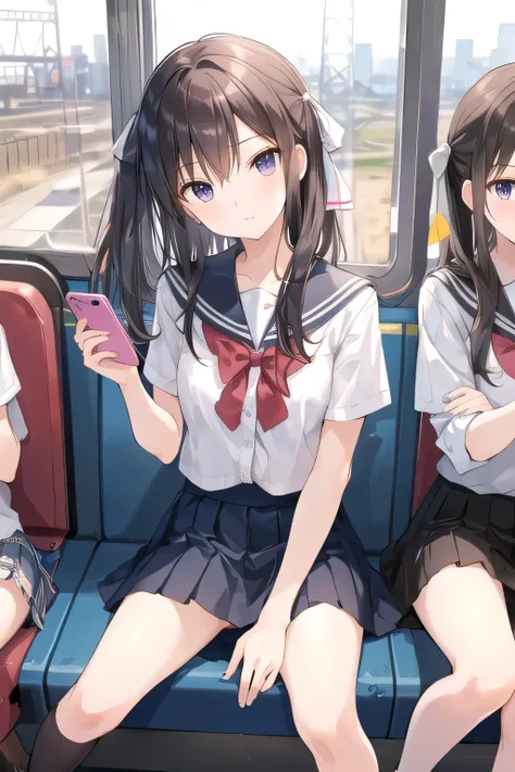 (sitting on a train seat:1.2)、(holding a smartphone and looking at it:1.2)、high school girl、mini skirt、((legs open:1.2))、spread legs、Panty shot、hair ribbon、Cute eyes