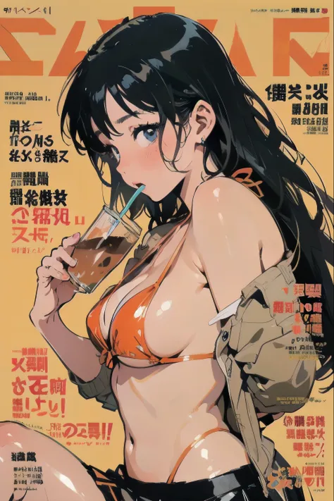 beautiful anime-style girl, ,clean small surfaces,  cyberpunk, bikini-armor、 (magazine cover:1.8)、((From the side:1.2))、(rest one&#39;s chin on one&#39;s chin、drink coffee)、(dynamic pose:1.1), Cute 1 girl, highest quality、ウルトラ - High resolution、High resolu...