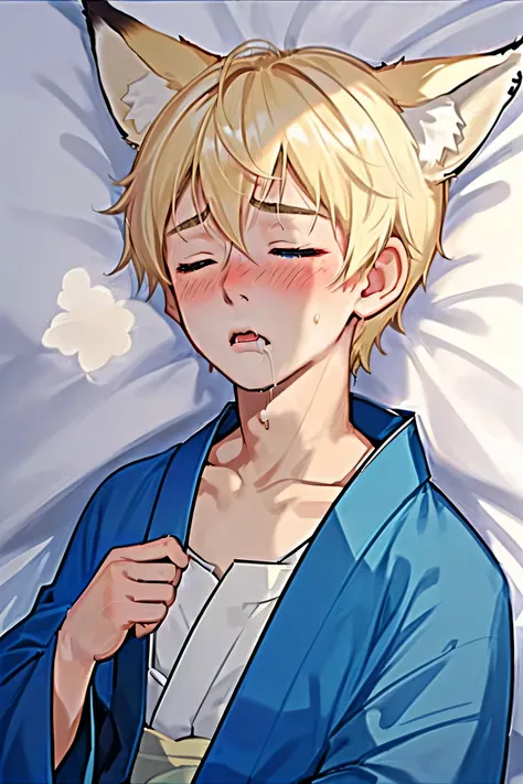 1boy(8-year-old、blonde、short hair、fox ears、Close ~ eyes、blush、orgasm、Drool、humid、blue kimono、clavicle)、Lie、sleep、Fainting、bed、Japanese style room、upper body focus、gay