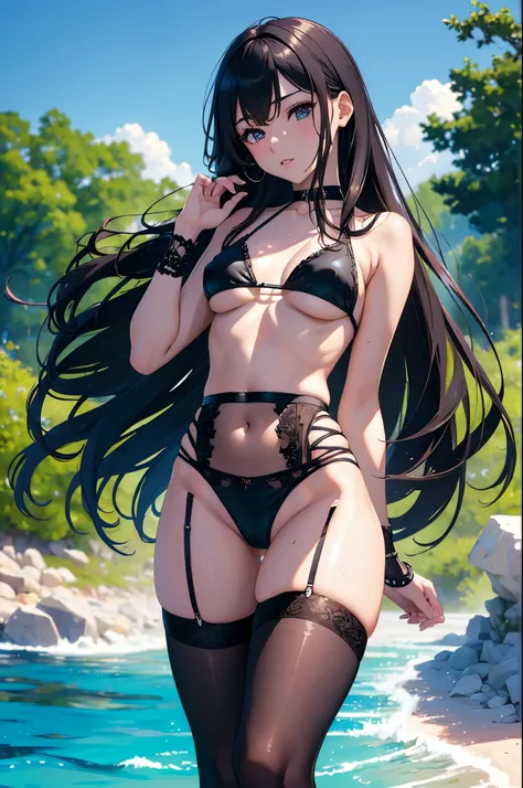 (masterpiece),4k, (ultra realistic), (best quality), (high detailed face),sexy, 1girl, a beautiful girl near the river, slim, (bikini), (flat chested), (black stocking), (front view), (ultra detailed body), (ultra detailed hair), (high detailed hands), ani...