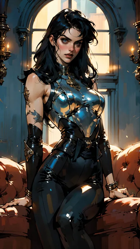 A beautiful woman with long shiny black hair, choppy bangs, a delicate face, a cold proud gaze, a fit figure, a fantasy-style high-necked leather breastplate top, sleeveless, exposes her waist, a bracelet adorns her wrist, tight-fitting leather pants, her ...