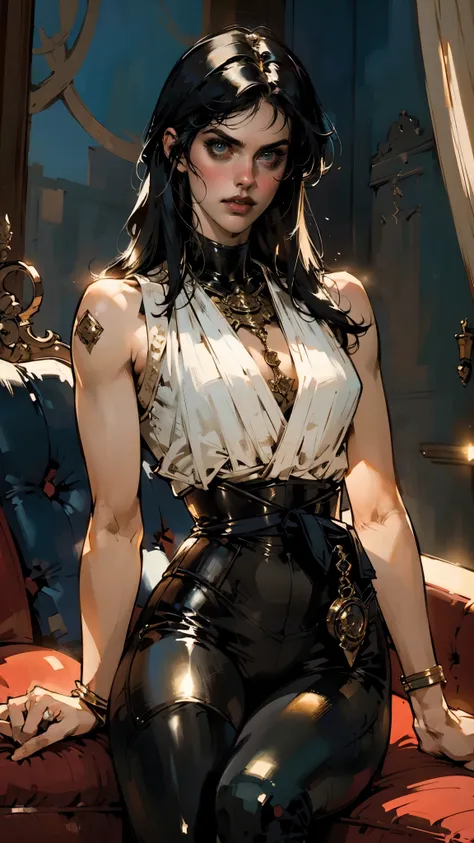 A beautiful woman with long shiny black hair, choppy bangs, a delicate face, a cold proud gaze, a fit figure, a fantasy-style high-necked leather breastplate top, sleeveless, exposes her waist, a bracelet adorns her wrist, tight-fitting leather pants, her ...