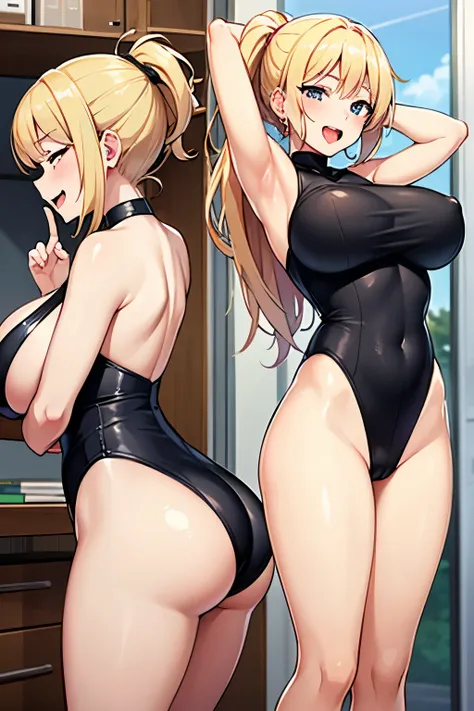 High school girl whose back is tickled by an old man,1 girl,big breasts, smile, laughter, Are standing, armpit, grab, tickle, Research room,saliva,please open your mouth wide,blonde ponytail,black leotard,girl tickled by fingers,