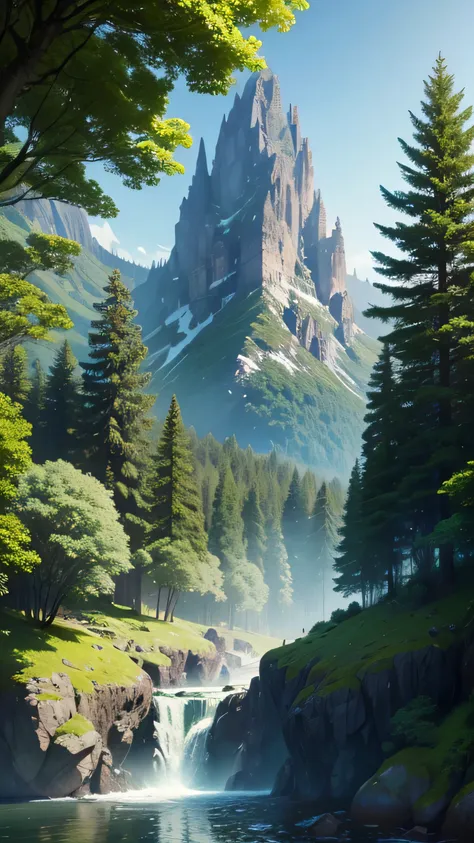 the mountain, with green forest, fruit, fantasy forest, with big unique trees, cool nature and big shady trees, 8k, high resolution