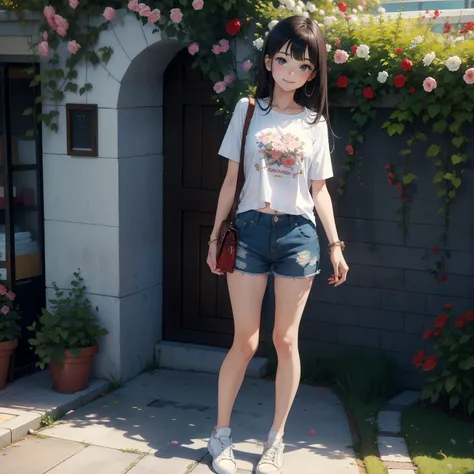 masterpiece, young beautiful girl, smile, look at the camera, standing in front of a clump of roses, wearing shorts and a T-shirt, white sneakers. Wearing tops and shorts, flowers, full body photo, casual pose, thin legs