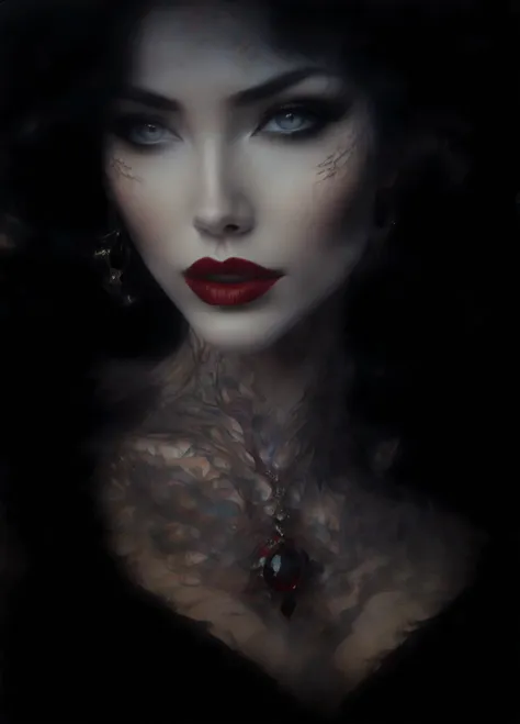 arafed woman with dark makeup and red lips in a dark room, portrait of a dark goddess, inspired by george hurrell, dark hair and...