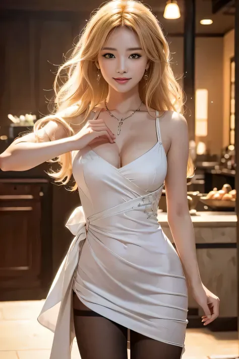 High resolution、from below、short skirt、Trapless、big breasts、smile、pantyhose、T-back、Long blonde hair blown in the wind、enchanting perfect smile, sensual mature woman, legs open、I can see your pants、tight fit dress、A dress that shows off your body line beaut...