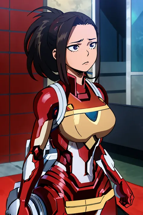 momo yaoyorozu, una mujer sexy y atractiva inspirada en iron man con un brillante robot de iron man. se viste con sensualidad y ...