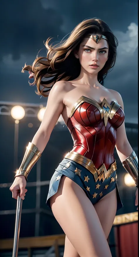 an 18-year-old girl, exuding youthful charm and confidence, dons the iconic wonder woman suit in this masterpiece. her short cur...