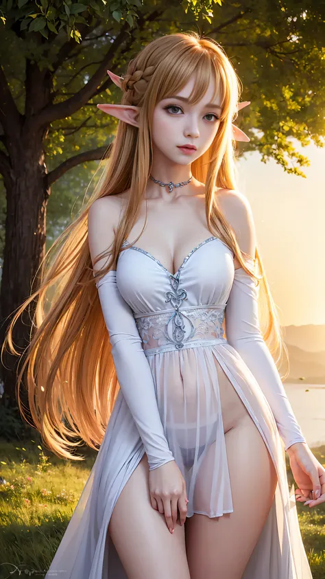 A graceful elf girl stands in a meadow, her delicate features illuminated by the soft light of the setting sun. Her long, flowing hair cascades down her back, adorned with intricate braids and adorned with sparkling jewels. This stunning painting captures ...