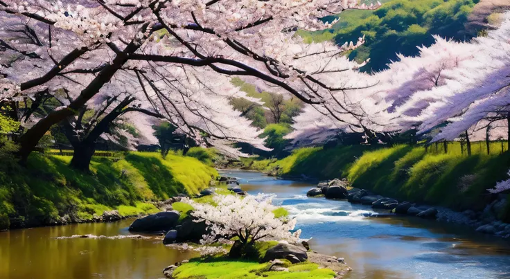 a close up of a river with trees and flowers in the background, cherry blossom forest, cherry blossom trees, nature scenery, beatiful backgrounds, hd wallpaper, beautiful nature, really beautiful nature, sakura trees, nature wallpaper, beautiful wallpaper,...