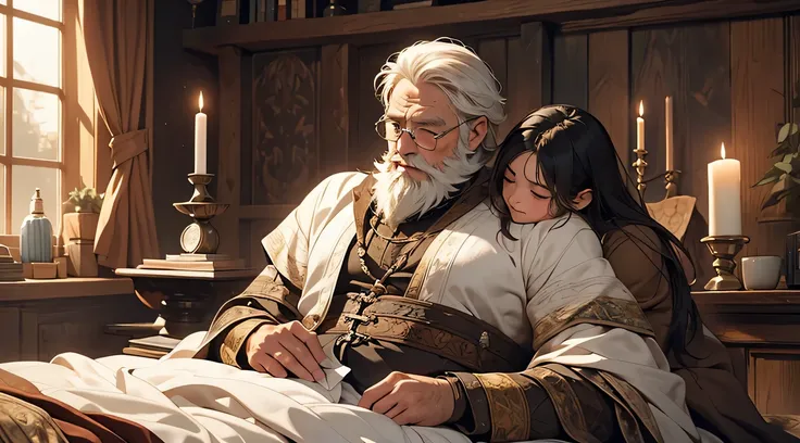 An emotional illustration of an elderly bearded man sick in bed, tended to by his young granddaughter with long black hair, in a medieval setting. The scene captures a touching moment of care and love. The style is reminiscent of medieval tapestries, with ...