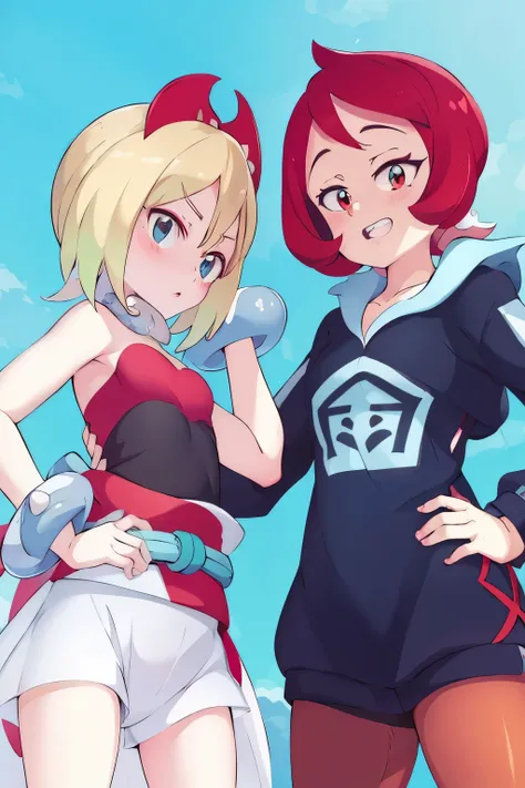 two anime girls are taking a photo in front of the blue sky, pokemon sword shield, red and cyan, official fan art, ポケモンanime sty...