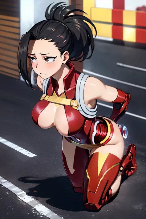 Momo Yaoyorozu, una mujer sexy y atractiva inspirada en Iron Man con un brillante robot de Iron Man. Se viste con sensualidad y confianza, interpretando perfectamente la fuerza y el carisma de Iron Man.