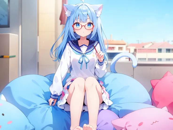  girl hair Blue nekomimi   glasses