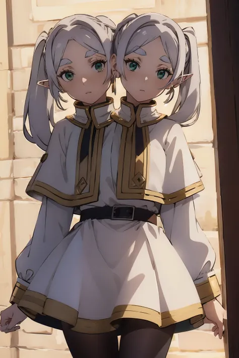 (2heads:1.5), 1girl,solo,elf,white hair,grey hair,earrings,pointy ears,long hair,ponytail,green eyes,twintails,parted bangs,thick eyebrows,collared capelet,white capelet,striped shirt,long sleeves,striped,white skirt.,
pantyhose,brown footwear,expressionle...