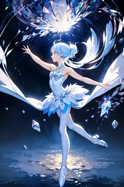 A crystalline character, floating, in the moonlight, in a ballet with illuminated particles, perfect human anatomy