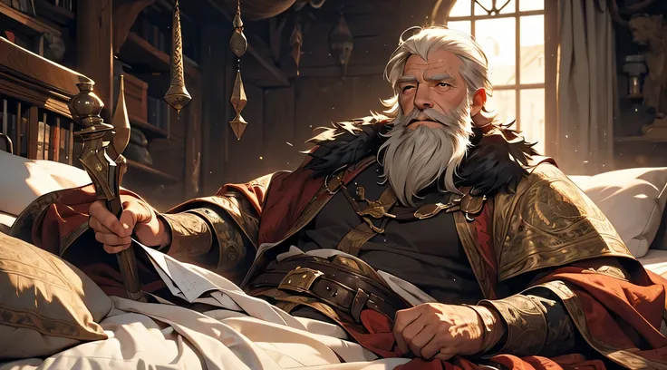 an elderly long bearded man sick in bed, in a medieval setting.