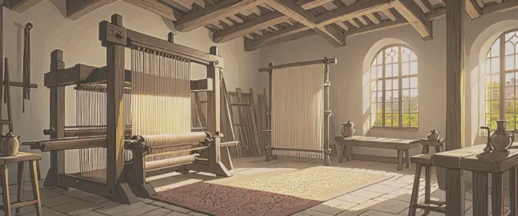 In front of the loom, woven damask，wooden loom，Europe，middle Ages，town，Room，Sunlight，panoramic
