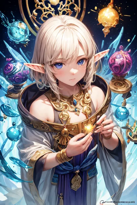 "Imagine and describe in detail a homunculus of a high elf expert in magical crafts. This homunculus, Despite its diminutive size, radiates an exceptional beauty typical of elven creatures. Su piel resplandece con un suave tono perlado, mientras que sus oj...