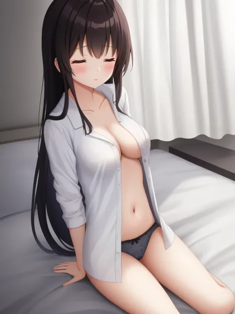 1 girl, underwear, Black hair, thigh, white_underwear,underwear， long_hair, breast,  white pajamas，unbuttoned pajamas，open income，navel，bare belly，eyes closed，eyes closed， exist_Back, In the bedroom, hindquarters, Bangs, split, blush,Lying on exist&#39;s b...