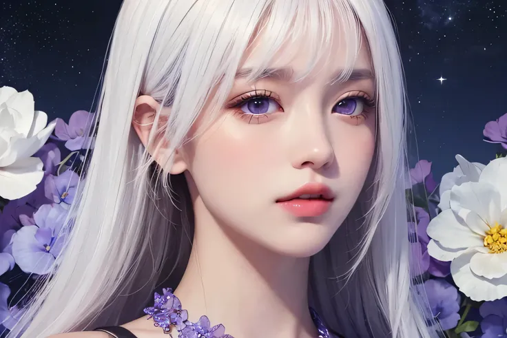 ultra-detailed, realistic, 1girl, white hair, purple eyes, sparkling eyes, cropped top, skirt, parted lips, blushing, night, flowers, big moon, starry background