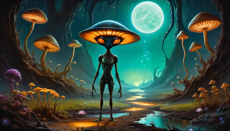 alien landscape of star light back alien illustration, dim glow eyes alien standing, metal steel ground, moon light with no cloud, slime body creature walk, cyber creepy aliens, river of rust, around cosmic neuron flower, creepy glow of space mushroom, int...