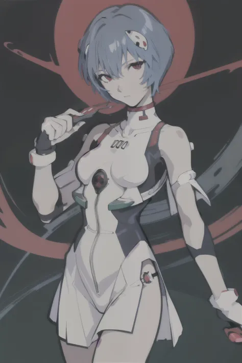 masterpiece portrait of Rei Ayanami (evangelion), hades-8500, high resolution illustration, red eyes, feminine, no pupils, blue hair,  short hair, simple background, fantasy, fantasy mage, cartoon, comic, 1girl, portrait, closed mouth, looking at viewer, (...