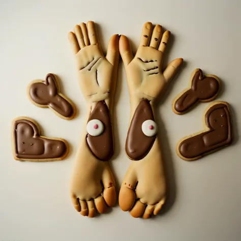 Cookies in the shape of cartoon characters&#39; hands and feet，Chocolate chip cookies，Realistic