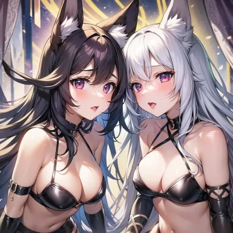 2 girls looking up at you, on their knees, seductively, erotic face, beautiful face, girl 1 has gray eyes, girl 2 has red eyes, highly detailed, tongues out, small breasts, athletic body, sexy, 18+, fox ears, fox tails